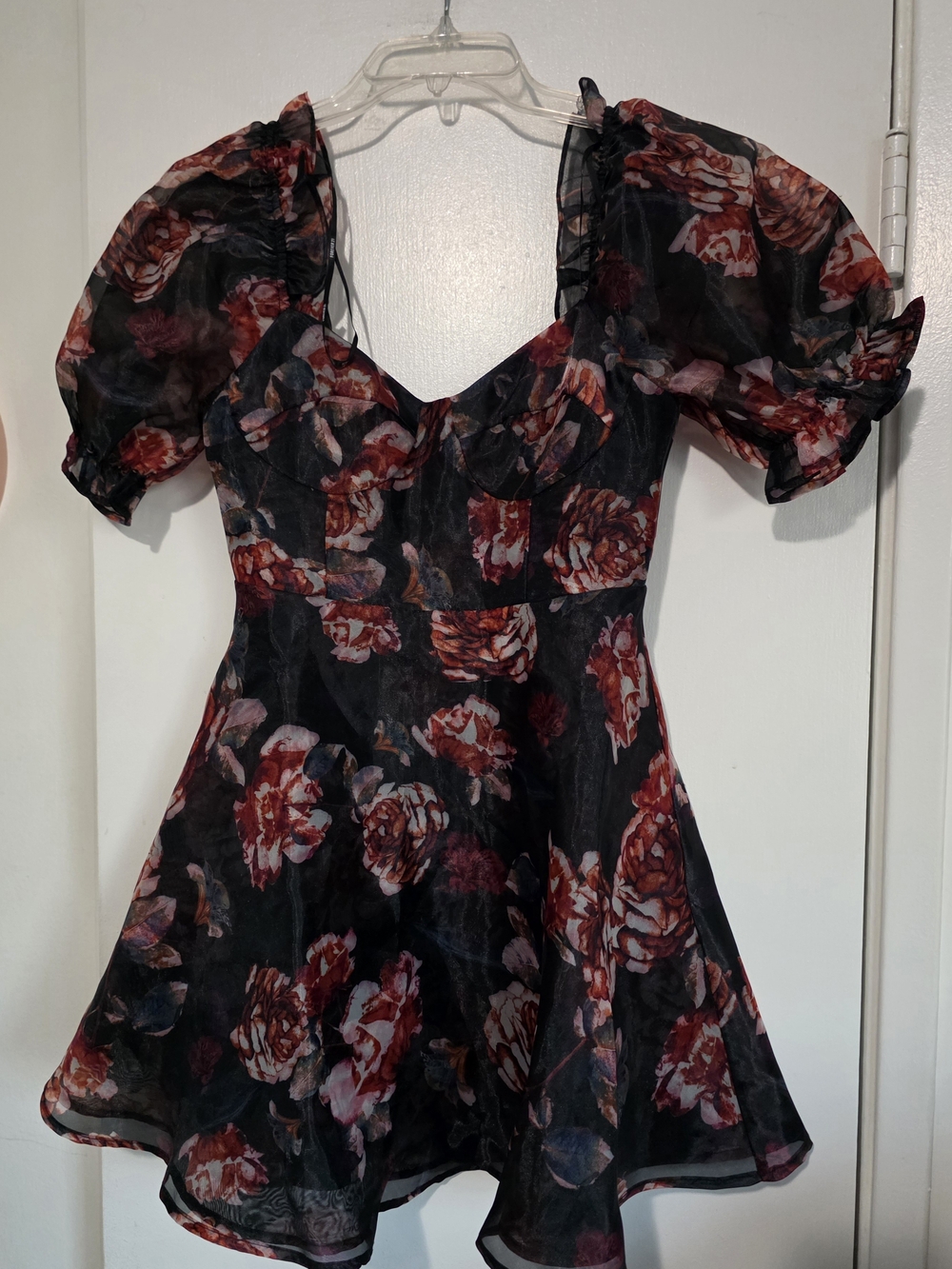 Floral Puff-Sleeve Mini Dress in Black and Red